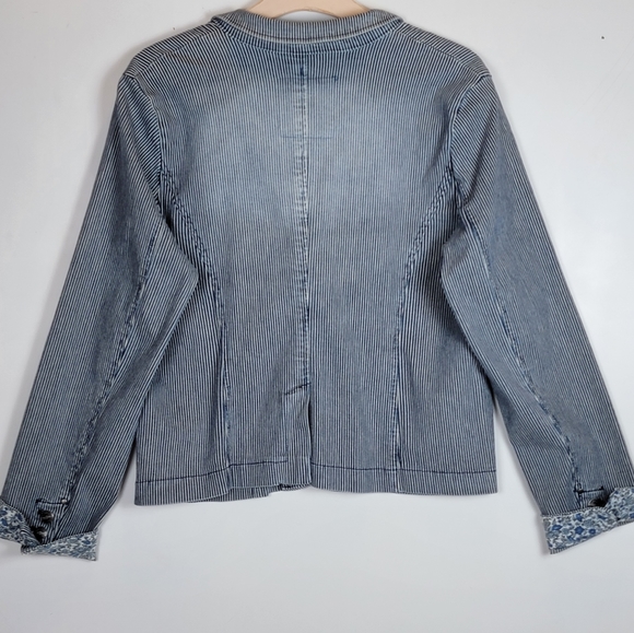 Per Se Pinstripe Distressed Cotton Blazer With Contrasting Cuff Print, EUC, szXL - Picture 6 of 10